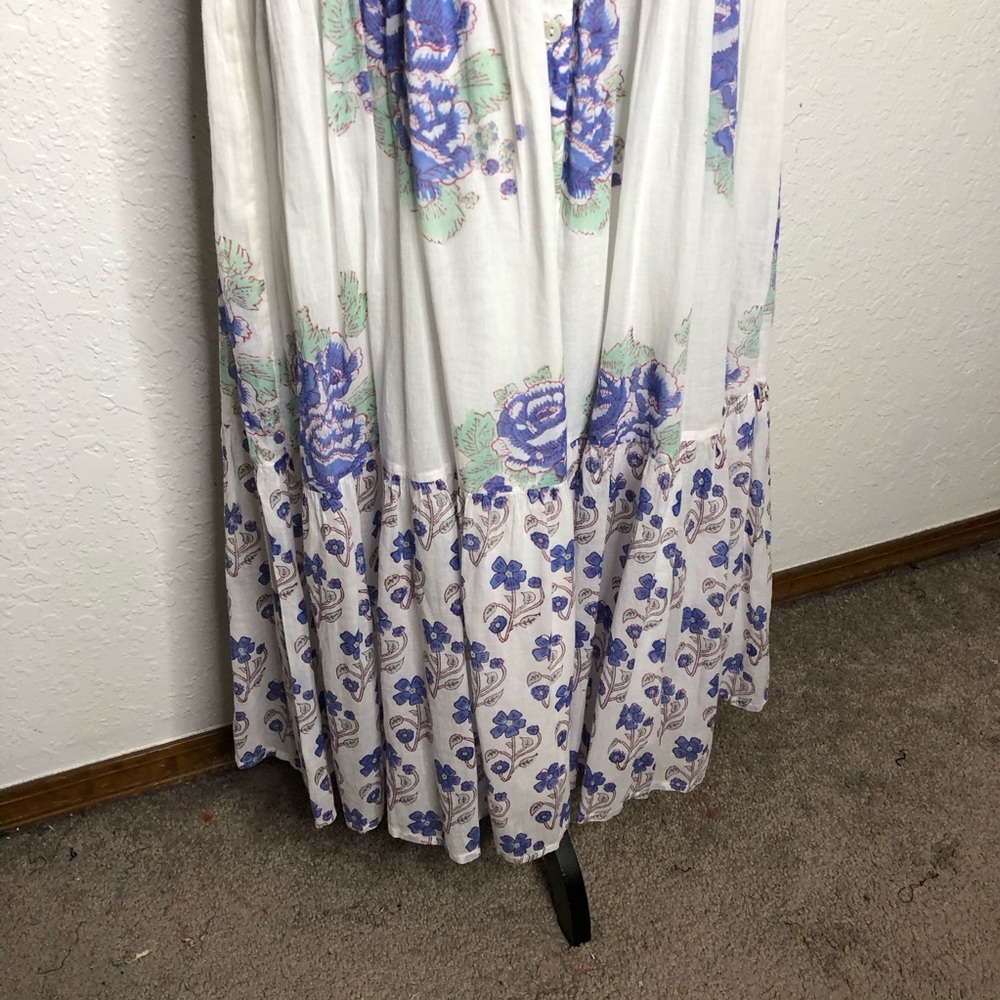 Oliphant Portofino white blue floral button front ruffle trim maxi dress Small - Picture 5 of 16